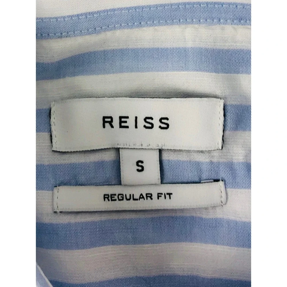 Reiss Mens Small Shirt Striped Blue White Cotton Linen Blend Button Front EUC